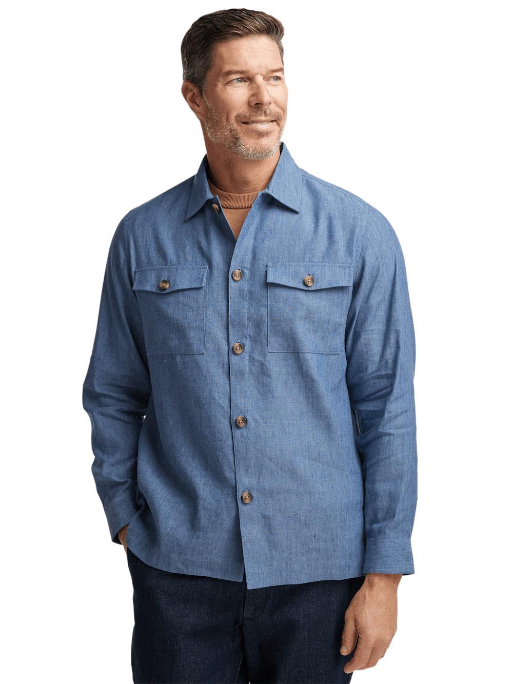 Linen Blend Solid Overshirt - Blue Product Image