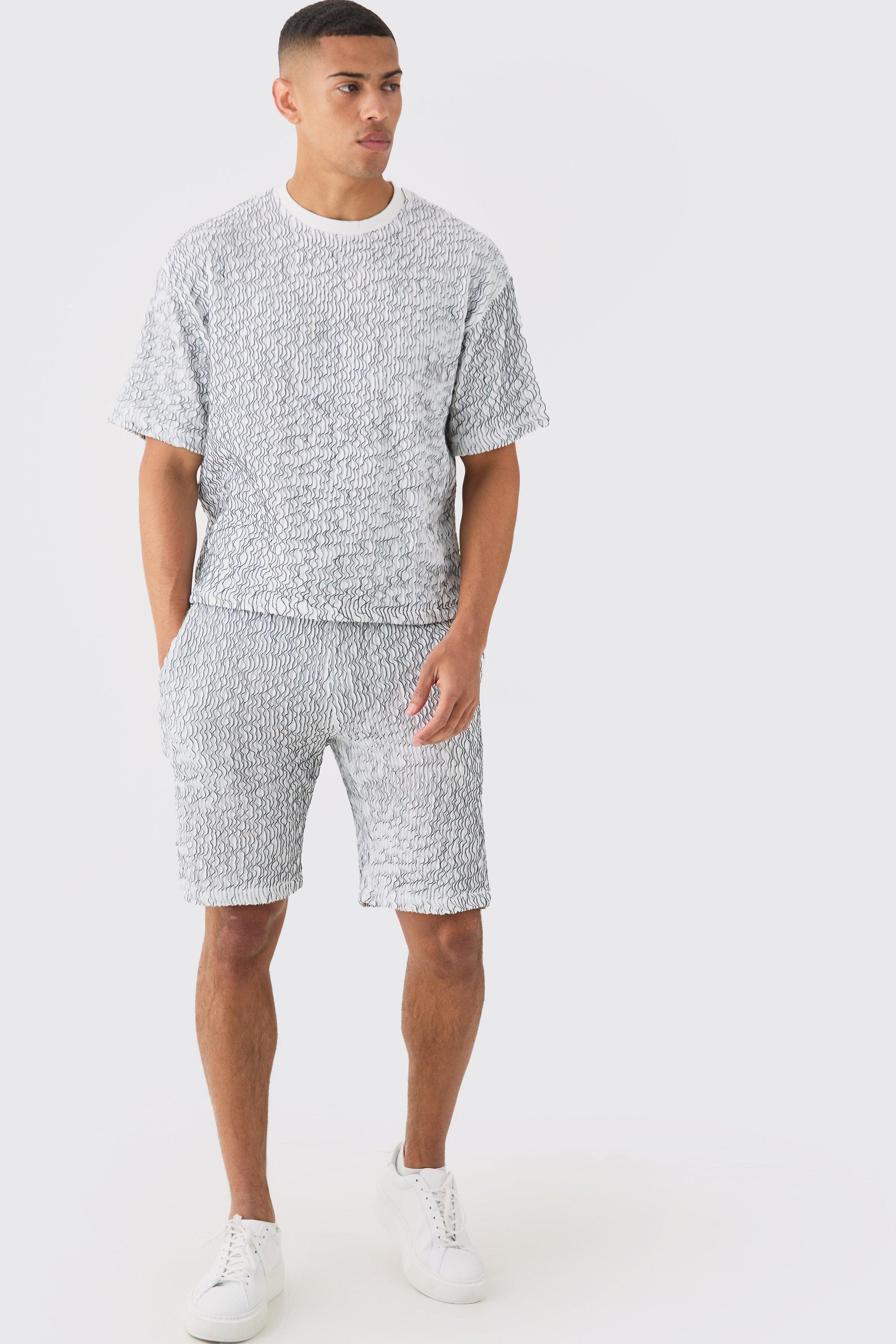 Two Tone Boxy Ripple Pleated T-shirt And Short | boohooMAN USA Product Image