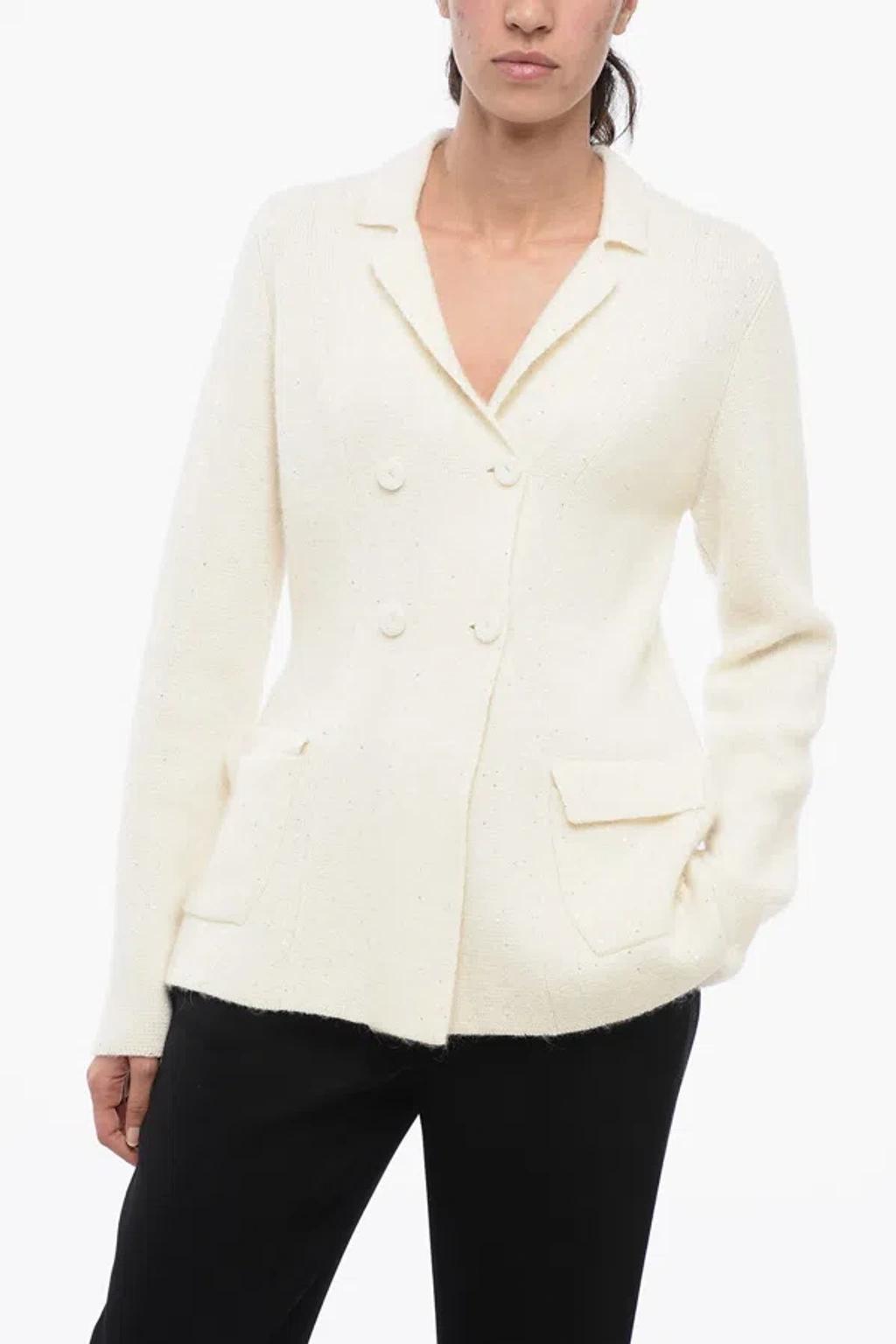 FABIANA FILIPPI Double-breasted Slim Fit Knitted Blazer With Sequines In White Product Image