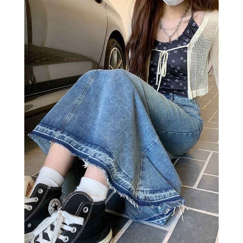 High Rise Washed Denim Maxi Mermaid Skirt Product Image