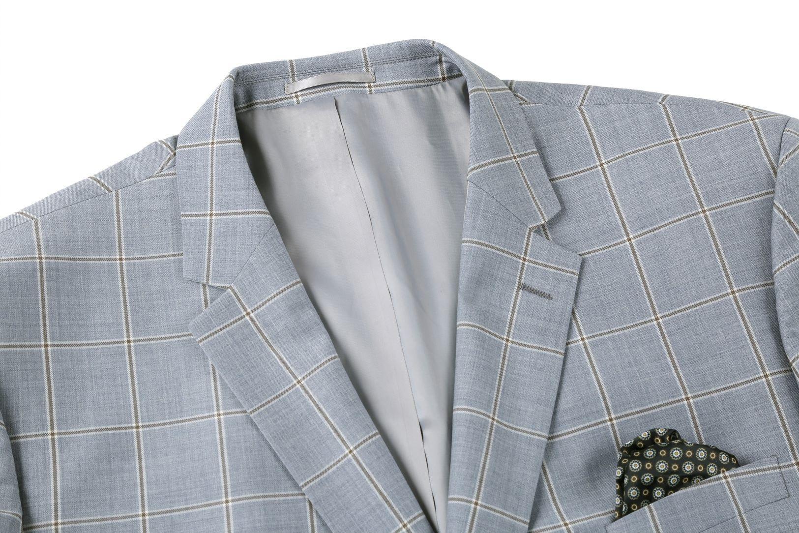 100% Wool Windowpane Pattern Regular Fit 2 Button Blazer in Stone Blue Product Image