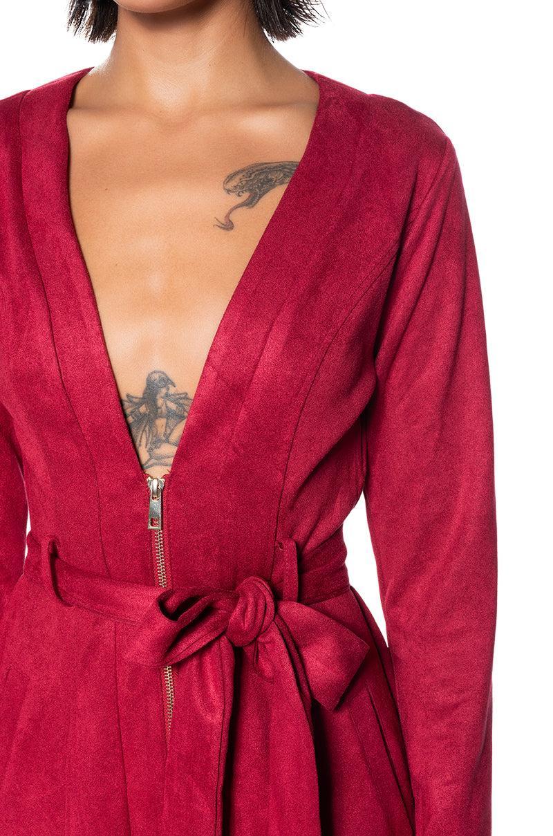 COVET FAUX SUEDE TRENCH MINI DRESS IN RED Product Image