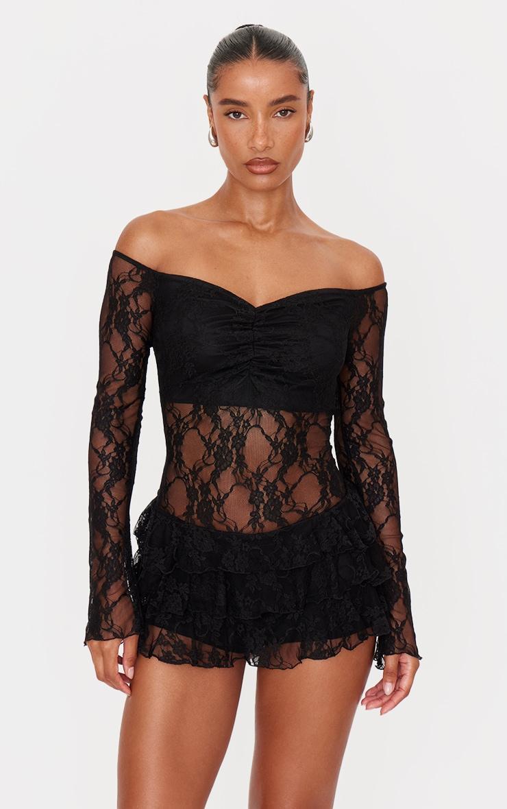 Black Lace Bardot Rara Skort Romper Product Image