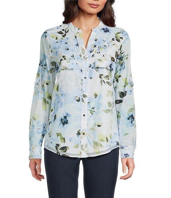 Calvin Klein Floral Cotton Crew Neck Roll Tab Sleeve Button Front Blouse Product Image