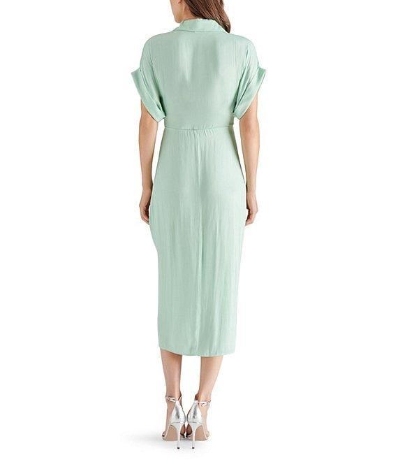 Steve Madden Tori Satin Point Collar Short Kimono Cuff Sleeve Belted Ruched Front Asymmetrical Hem Midi Shirt Dress Product Image