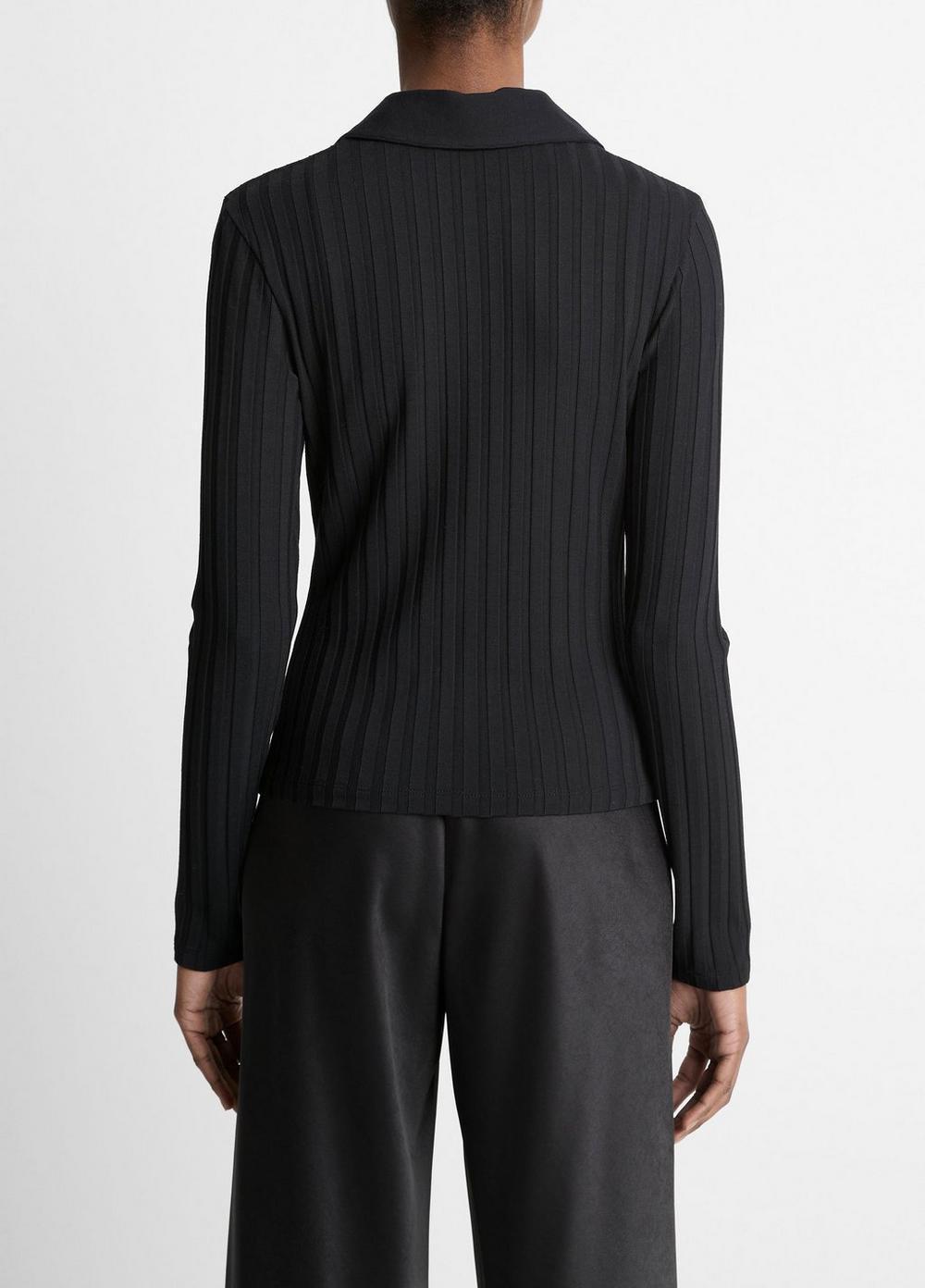 Ribbed Collared Long-Sleeve Button-Front Top Product Image