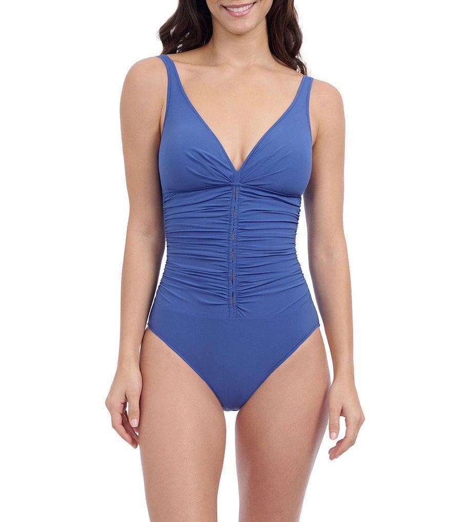 Profile By Gottex Solid V-Neck D-Cup Bra Size Shirred Tummy Control One Piece Swimsuit Product Image