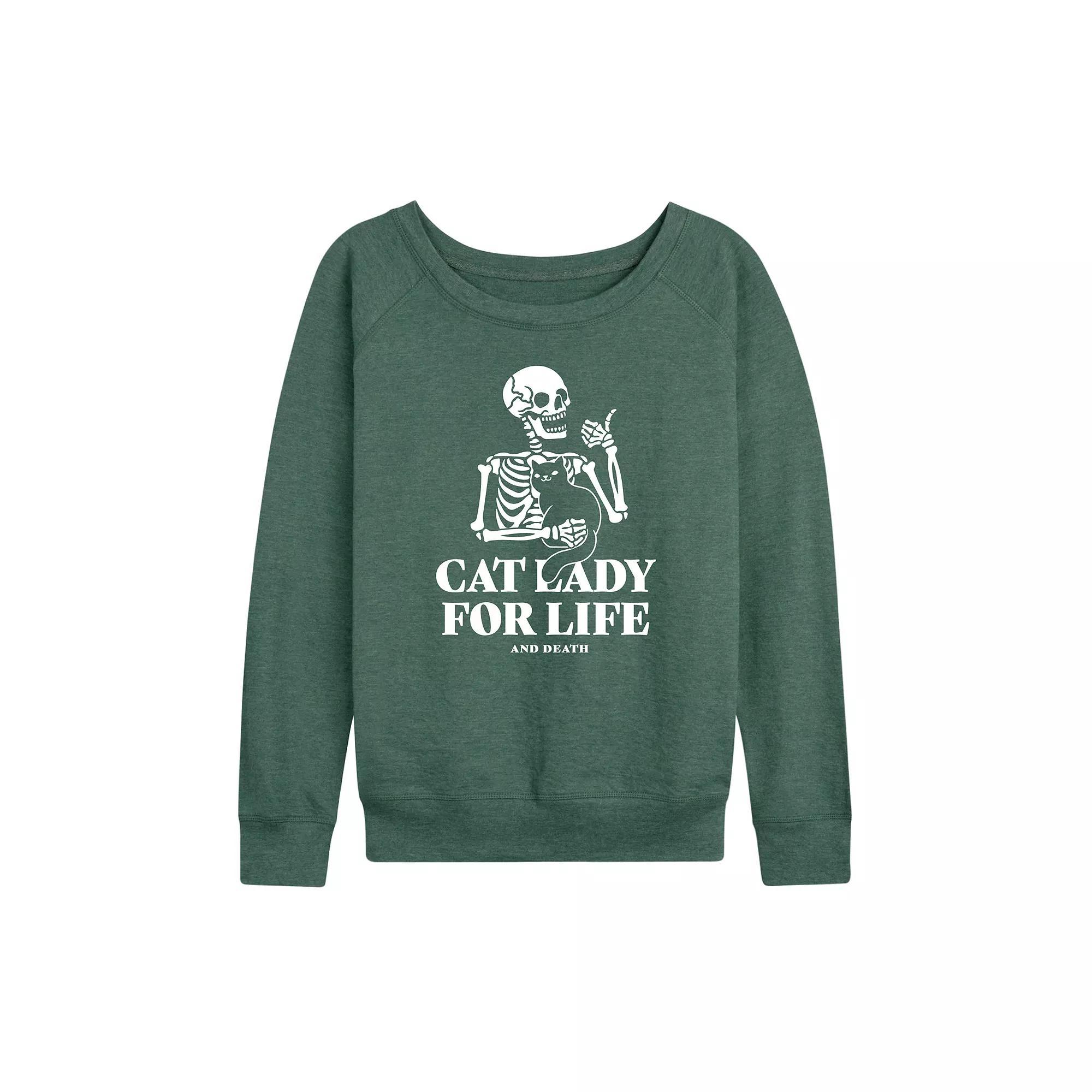 Women's Cat Lady For Life Skeleton French Terry Long Sleeve Tee, Size: Medium, Heather Grey Product Image