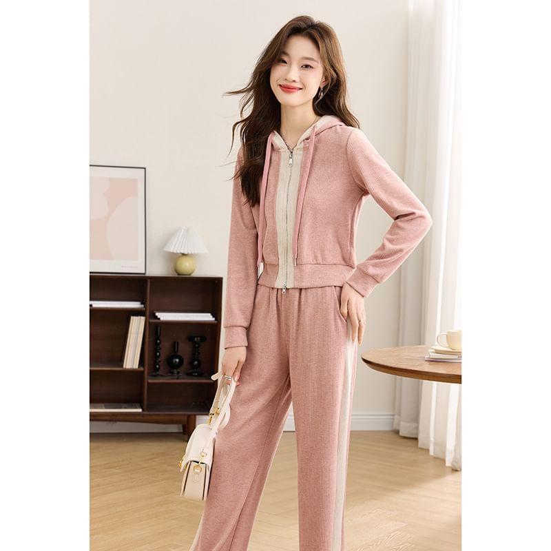 Set: Hooded Two Tone Zip-Up Jacket + High Waist Wide Leg Sweatpants Product Image