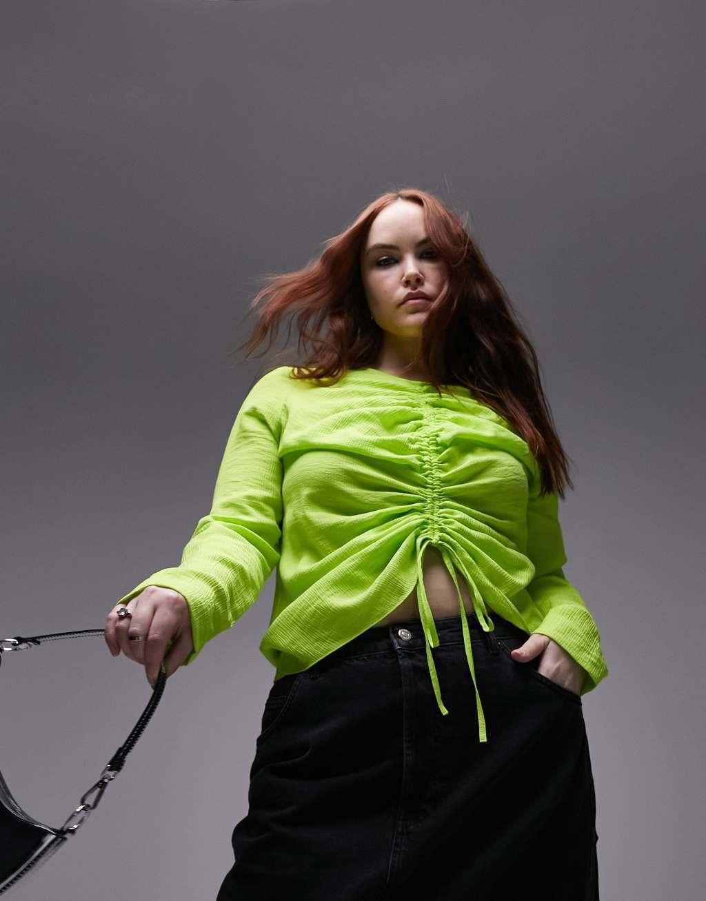 Topshop Curve long sleeve ruched front top in lime  Product Image