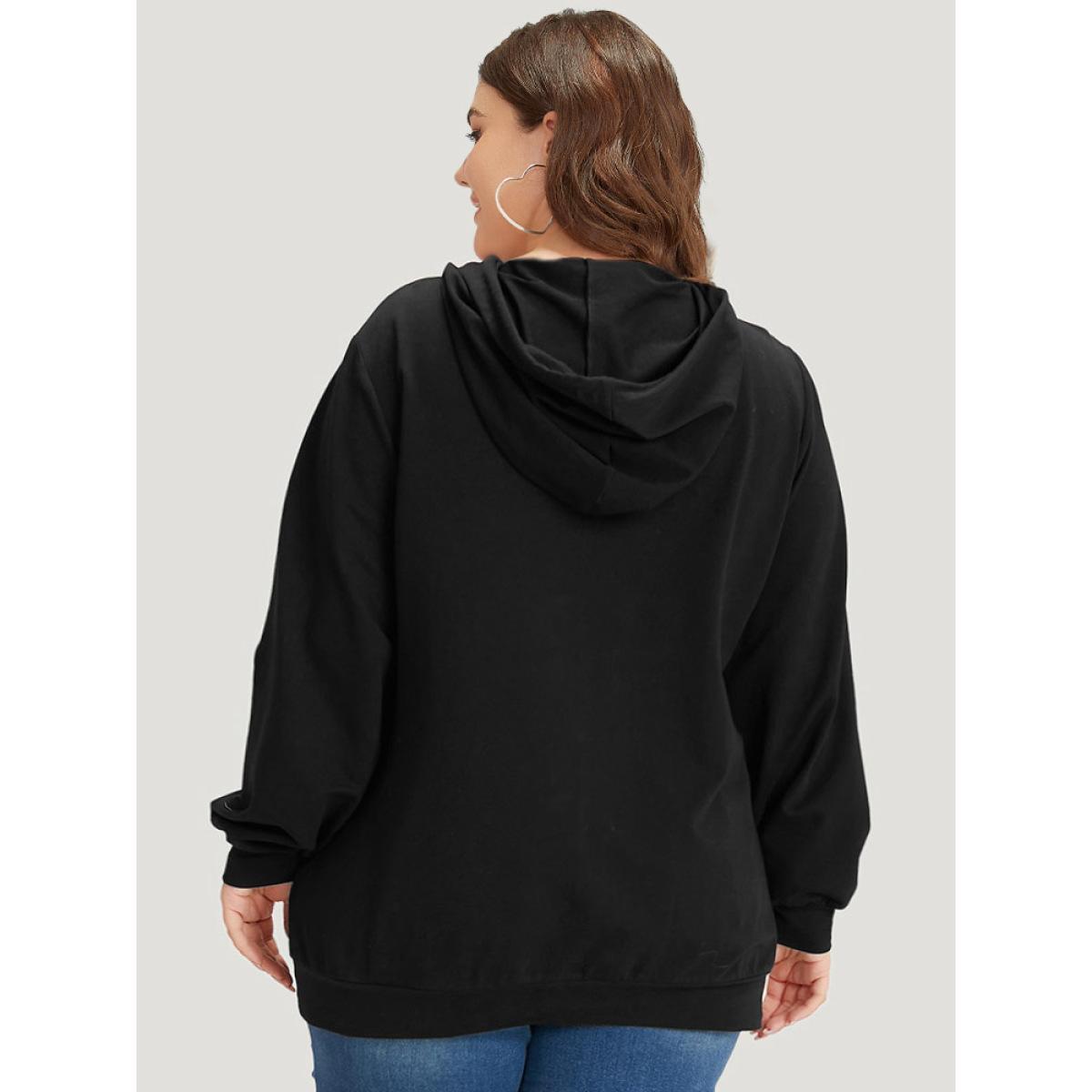 Plus Size Letter Print Pocket Drawstring Hooded Sweatshirt Women Black Casual Elastic cuffs Dailywear Sweatshirts BloomChic 12/L Product Image