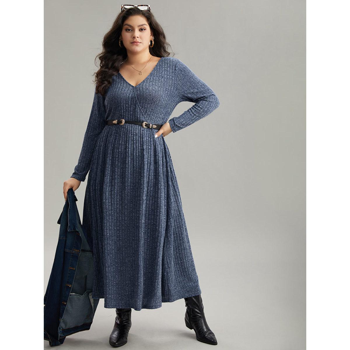 Plus Size Solid Rib Knit Overlap Collar Pocket Dress Indigo Women Casual Texture Overlap Collar Long Sleeve Curvy Midi Dress BloomChic 14-16/1X Product Image