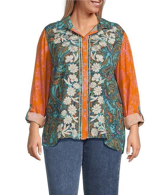 John Mark Plus Size Multi Print Point Collar Long Roll-Tab Sleeve Button Front Top Product Image