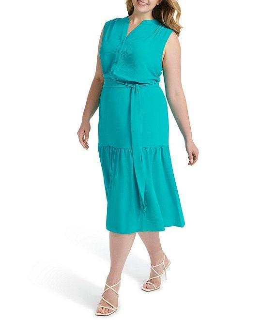 Donna Karan Plus Size V-Neck Button Front Midi Dress Product Image