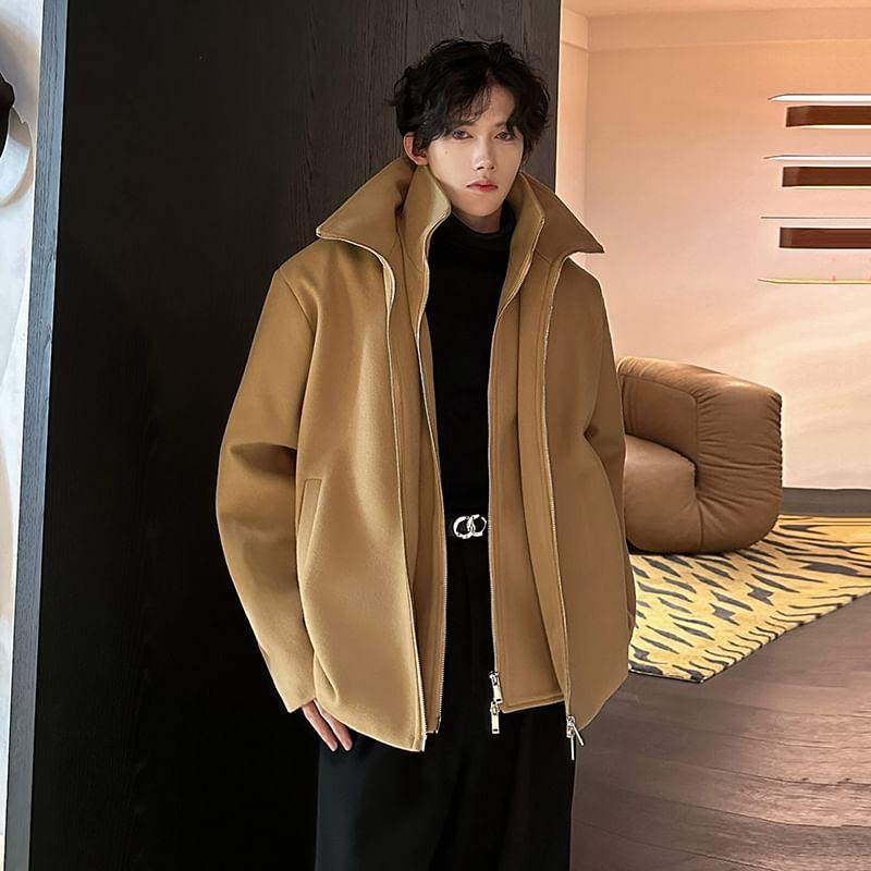 Long Sleeve Stand Collar Zip Up Wool Coat Product Image