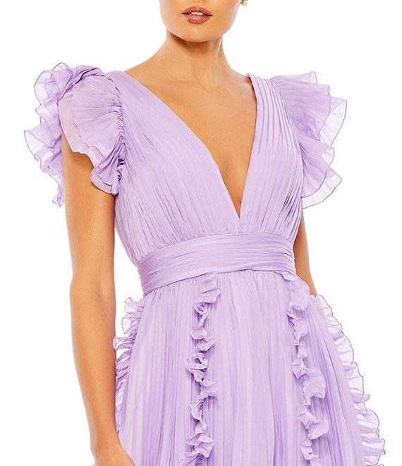 Mac Duggal Pleated Ruffle Cap Sleeve Deep V-Neck Flowy A-Line Gown Product Image