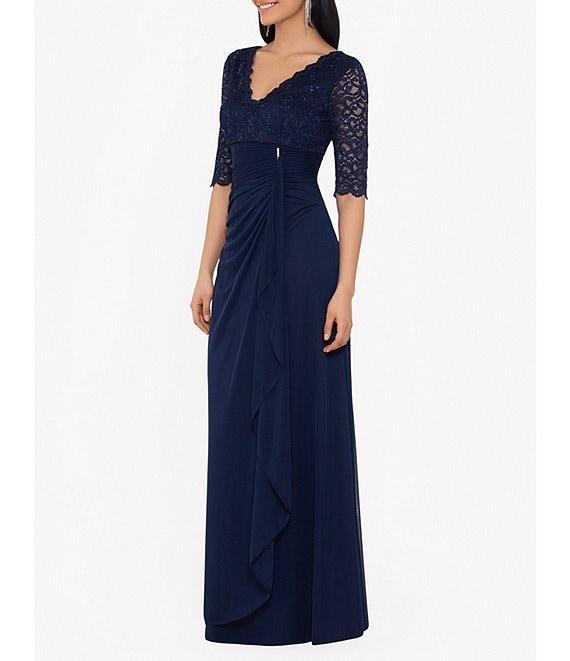 Betsy & Adam Sequin Lace V-Neck 3/4 Sleeve Gown Product Image