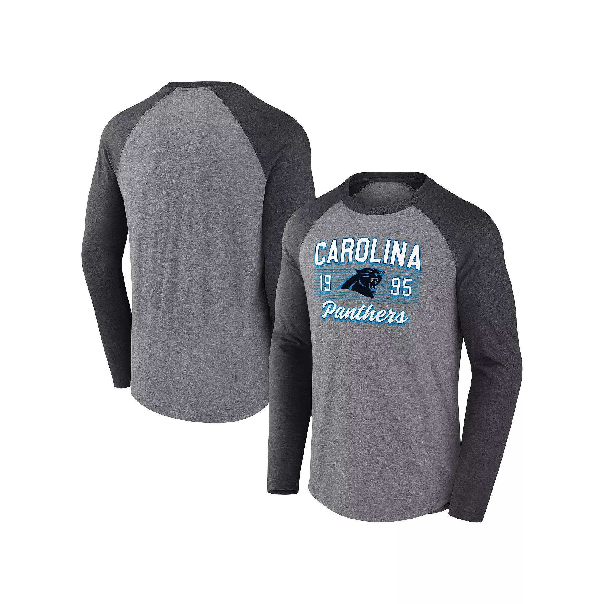 Men's Fanatics  Heather Gray/Heather Charcoal Carolina Panthers Weekend Casual Raglan Tri-Blend Long Sleeve T-Shirt, Size: 3XL, Grey Product Image