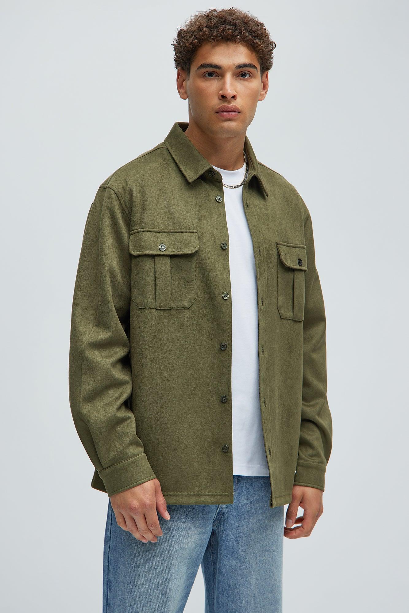 Ardee Faux Suede Button Up Shirt - Olive Product Image