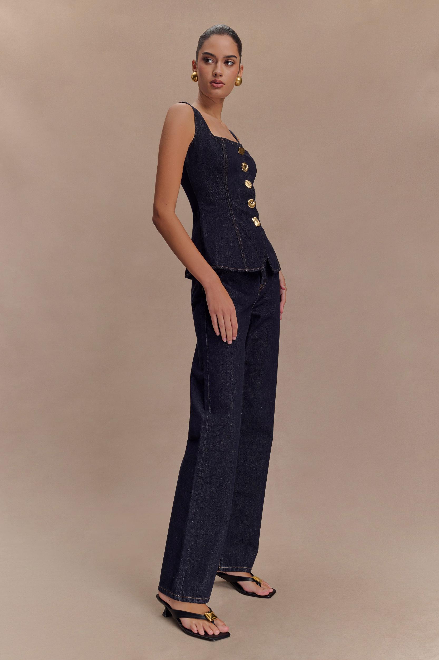 Neve Sleeveless Buttoned Denim Top - Washed Indigo Blue Product Image