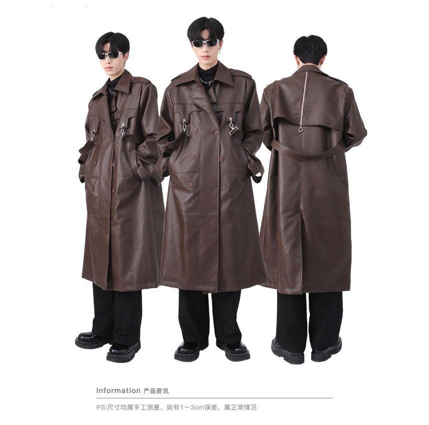 Lapel Collared Faux Leather Double Breasted Long Coat Product Image