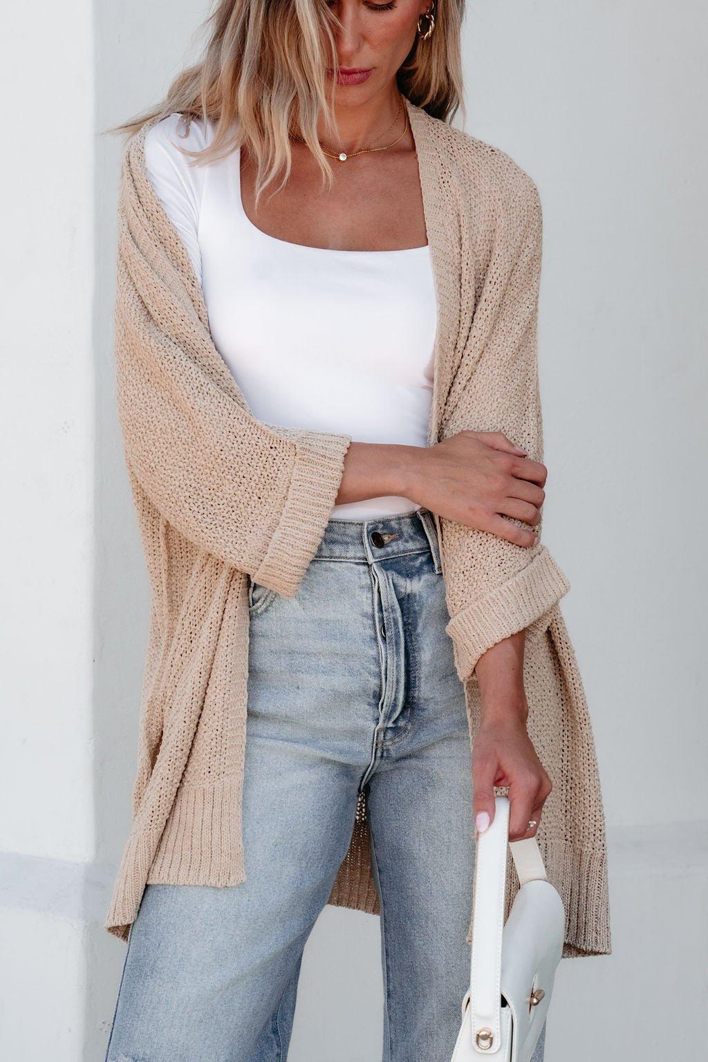 Essential Lightweight Ribbed Cardigan - Taupe - FINAL SALE Female Product Image