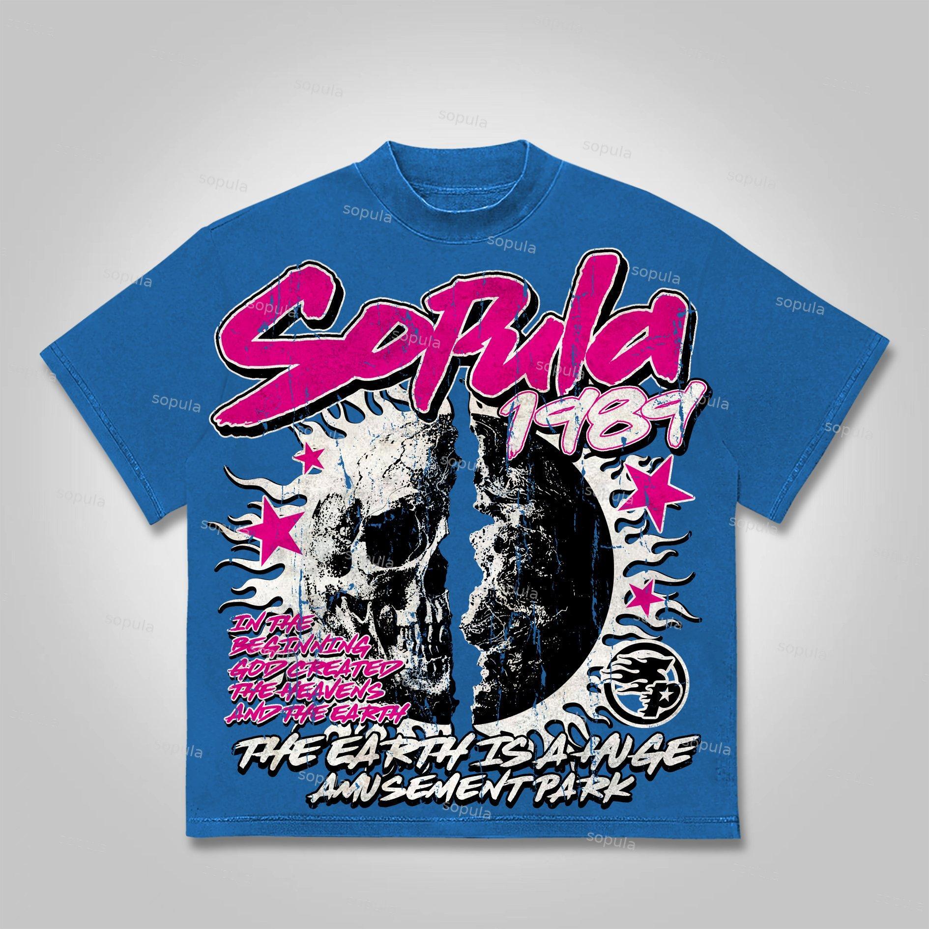 Sopula Street Retro Flame Skeleton Earth Print Cotton T-Shirt Product Image
