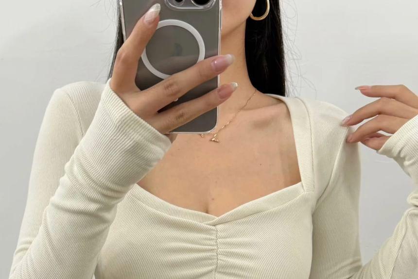 Long-Sleeve V-Neck Plain Crop Top Product Image