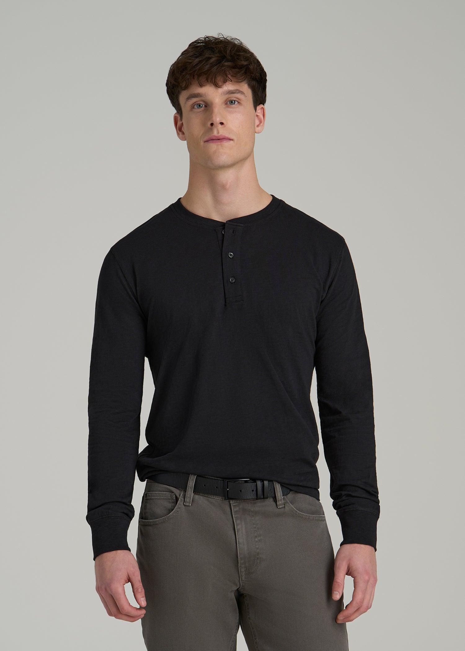 Three-Button Long Sleeve Slub Henley for Tall Men in Black Male Product Image