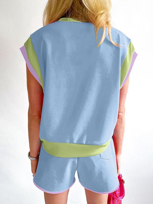 Contrast Color Short Sleeves Round-Neck T-Shirt + Elasticity Shorts Two Pieces Set Product Image