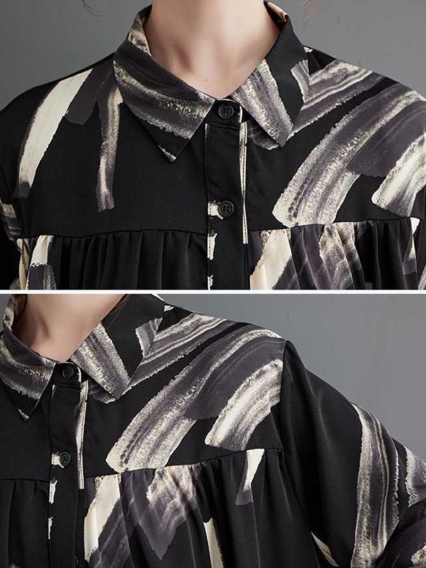 Long Sleeves Loose Pleated Printed Split-Joint Lapel Blouses Product Image