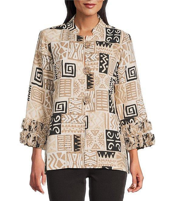 Multiples Petite Size Textured Bark Cloth Patchwork Print Banded Collar 3/4 Sleeve Button Front Jacket Product Image