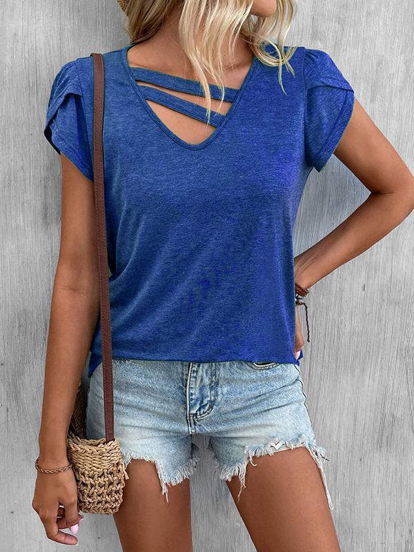Loose Short Sleeves Solid Color V-Neck T-Shirts Tops Product Image