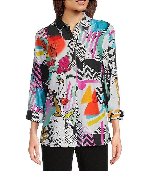 Ali Mile Petite Size Printed Woven Point Collar 3/4 Sleeve Button Front Tunic Product Image