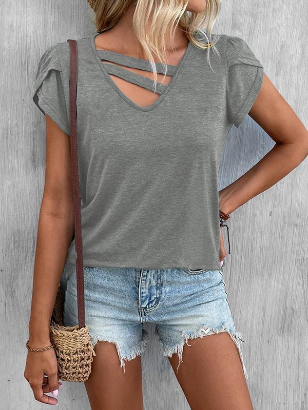 Loose Short Sleeves Solid Color V-Neck T-Shirts Tops Product Image