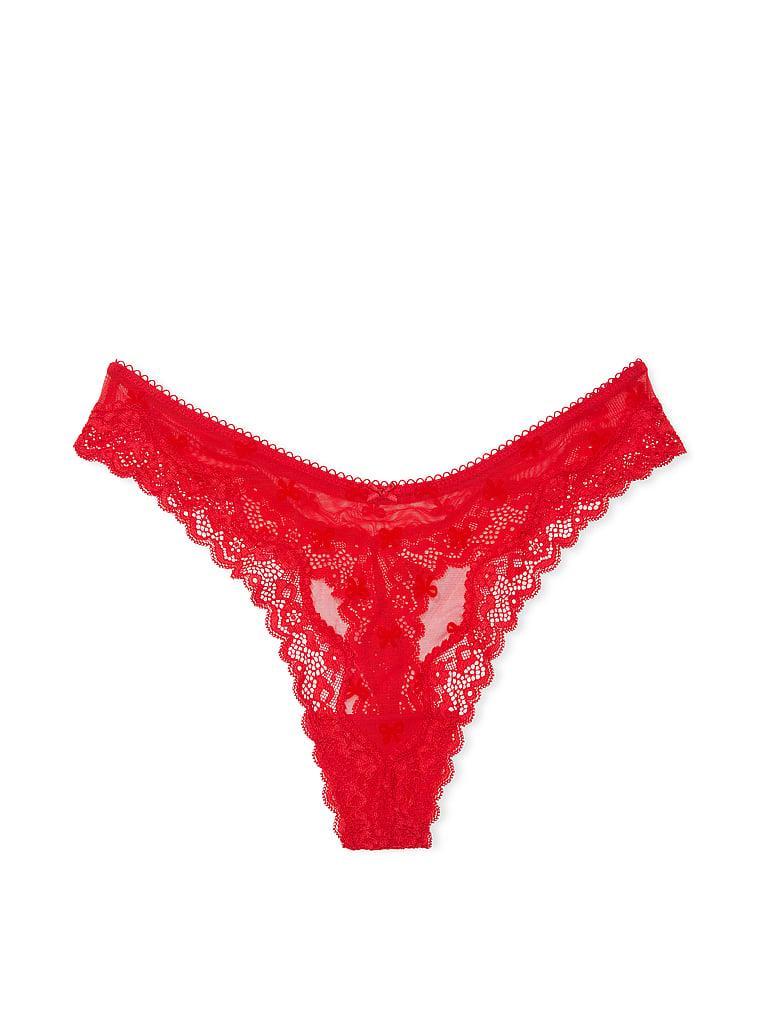 Tease Mesh Lace-Trim High-Leg Thong Panty Product Image