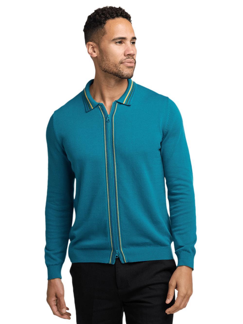 Cotton Full Zip Polo - Teal Product Image