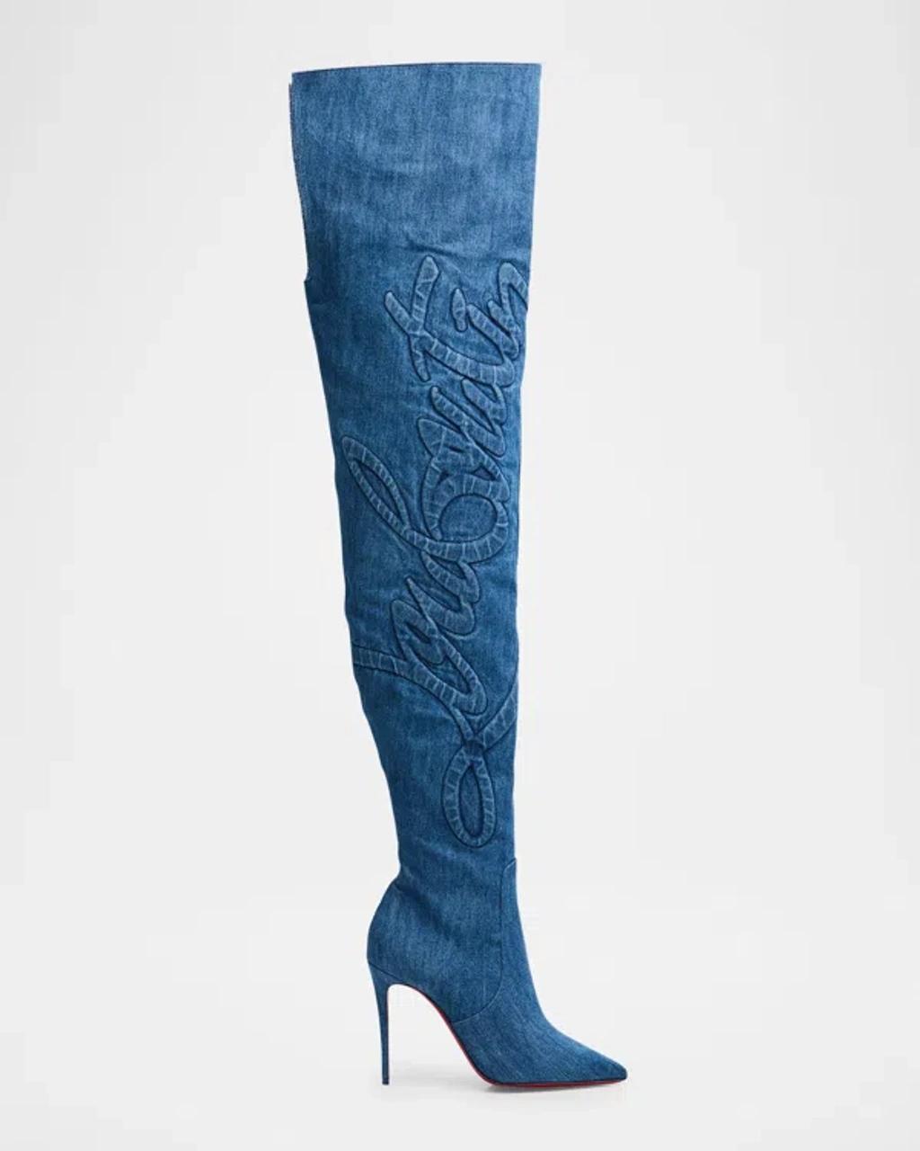 CHRISTIAN LOUBOUTIN Kate Denim Embroidered Red Sole Over-the-knee Boots In Brutblue Product Image