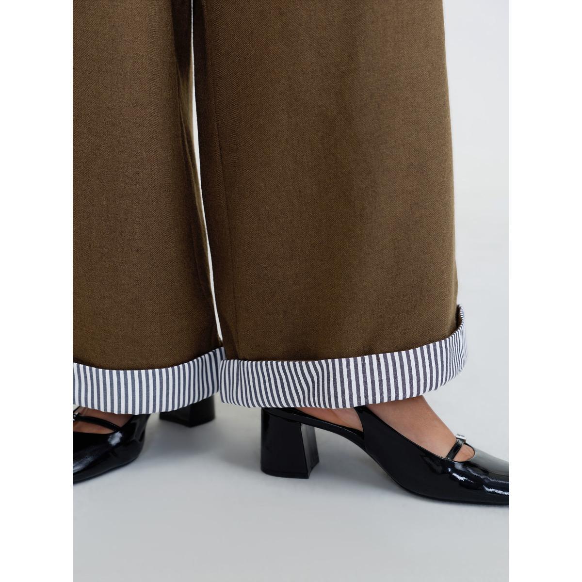 Plus Size Striped Color-Blocked Hem Pants Women Browncoffeecolor Office Straight Leg Mid Rise Office Pants BloomChic 26/4X Product Image