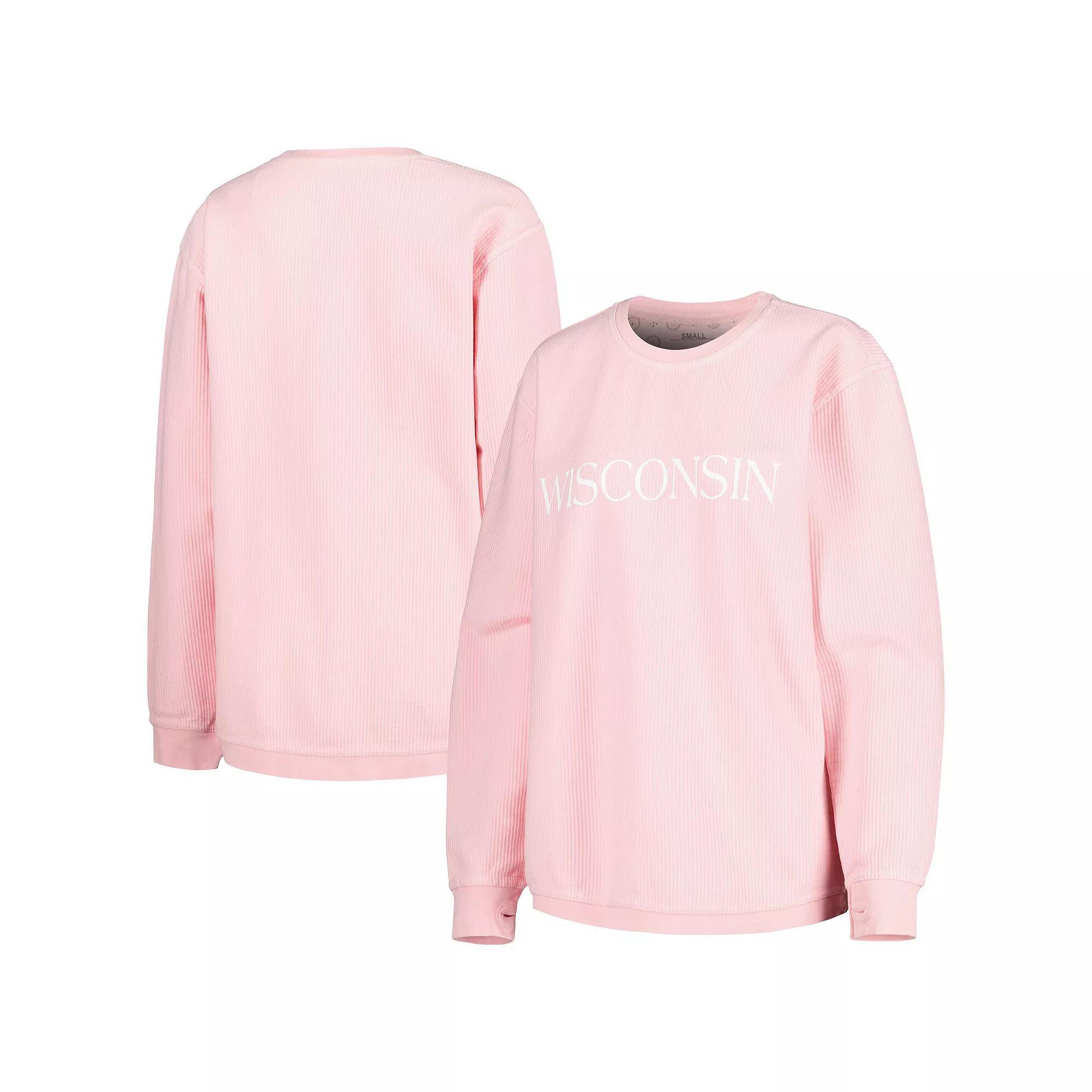 Women's Pressbox Pink Wisconsin Badgers Comfy Cord Bar Print Pullover Sweatshirt,  Product Image