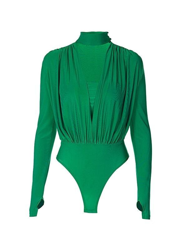 Solid Plunge Neck Splice Thumb Hole Bodysuits Product Image