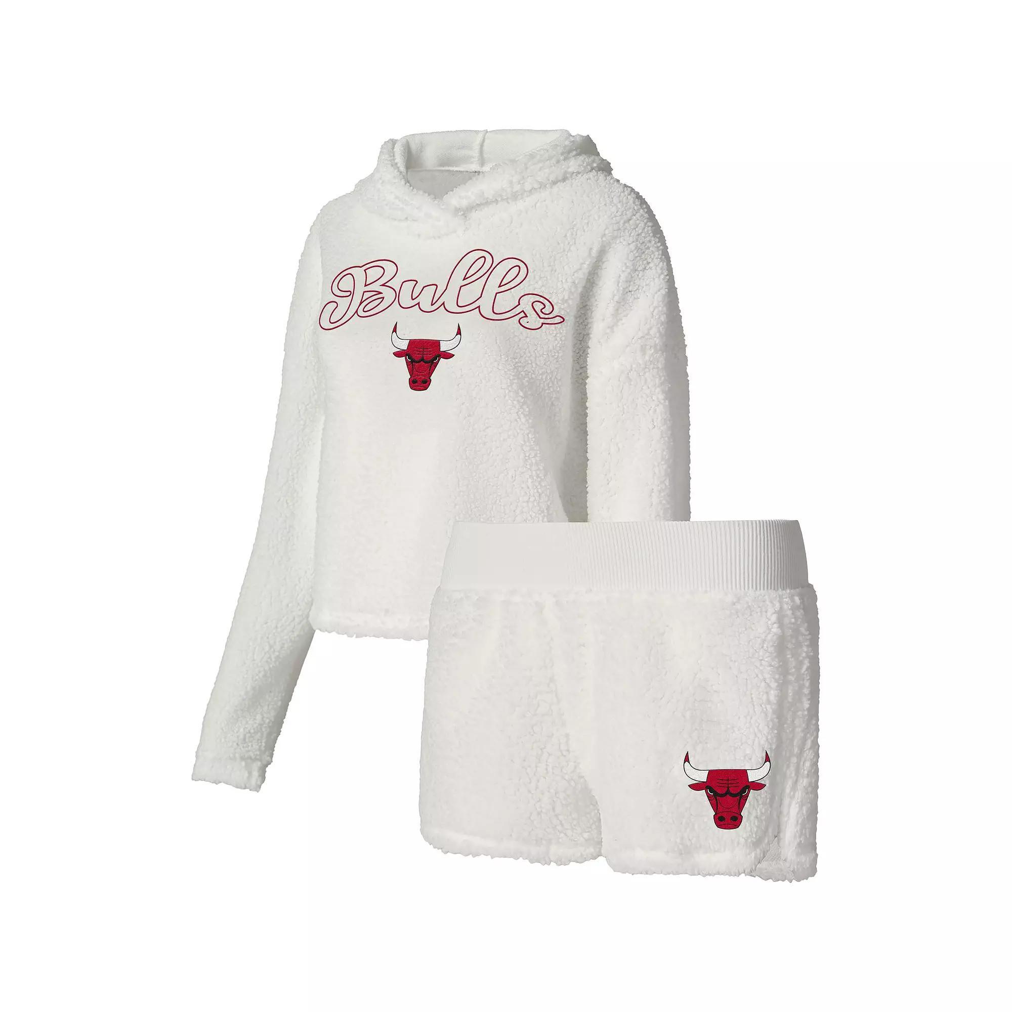 Women's College Concepts Cream Chicago Bulls Fluffy Long Sleeve Hoodie T-Shirt & Shorts Sleep Set, Size: Medium, White Product Image