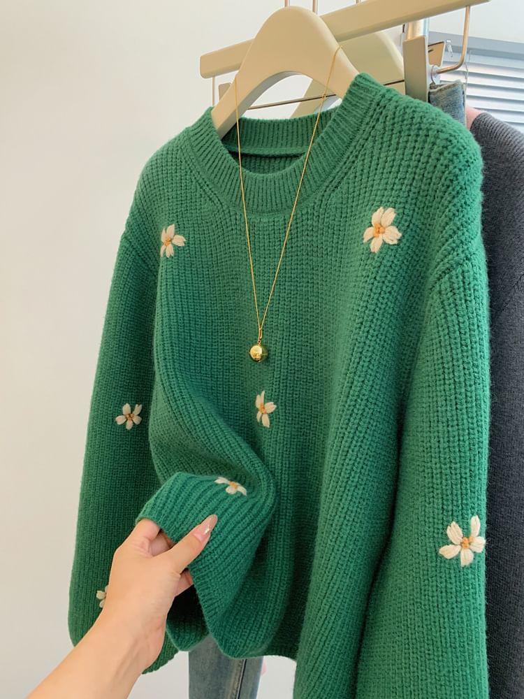 Long-Sleeve Crew Neck Floral Embroidered Sweater Product Image