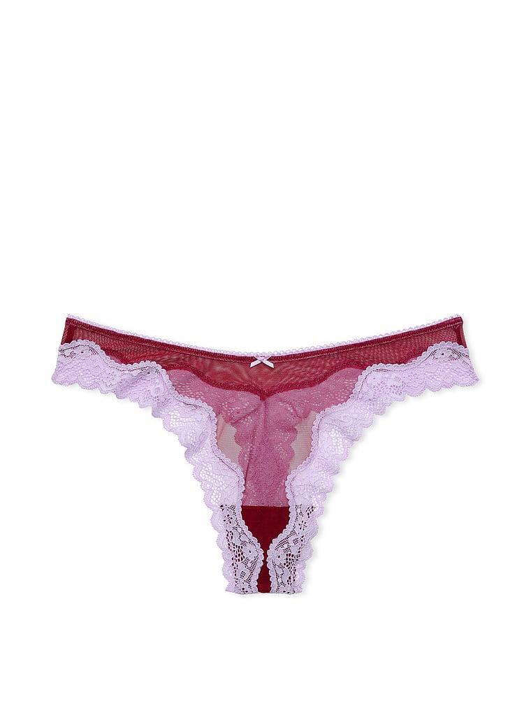 Tease Mesh Lace-Trim High-Leg Thong Panty Product Image