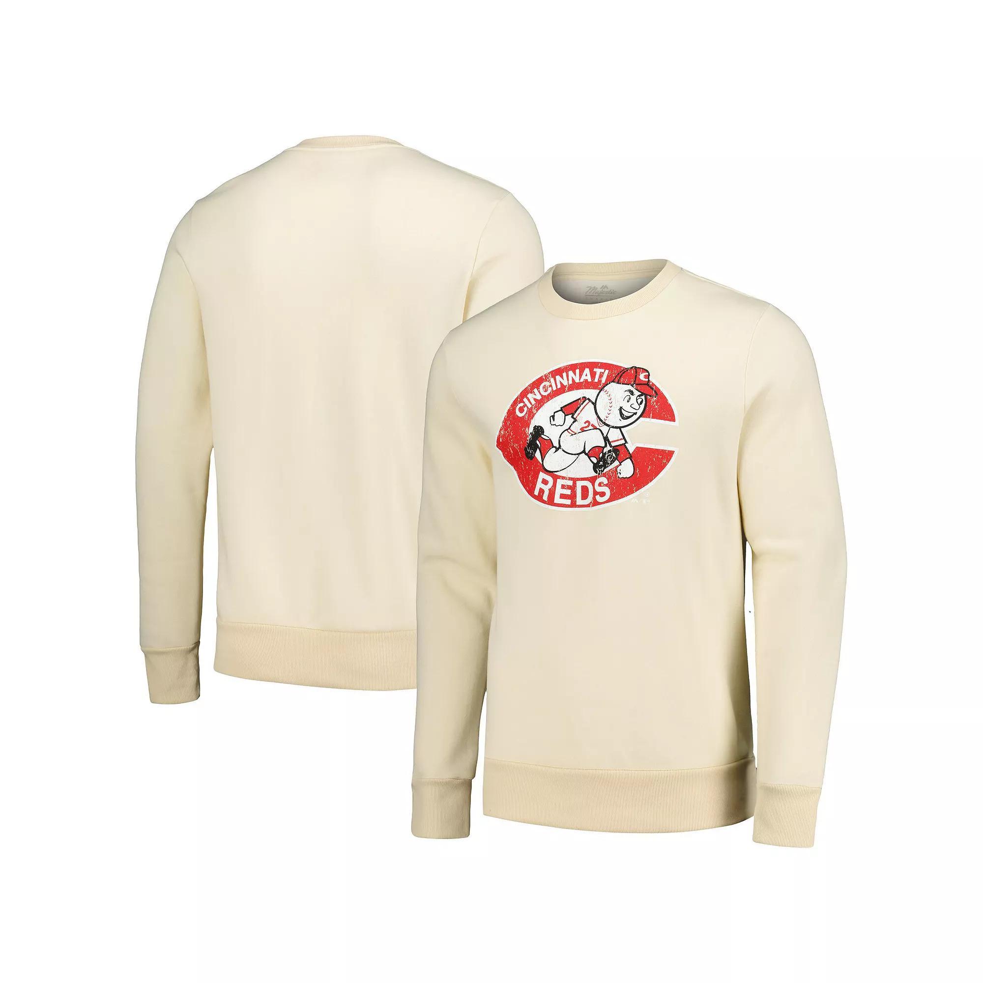 Men's Majestic Threads Oatmeal Cincinnati Reds Fleece Pullover Sweatshirt,  Product Image
