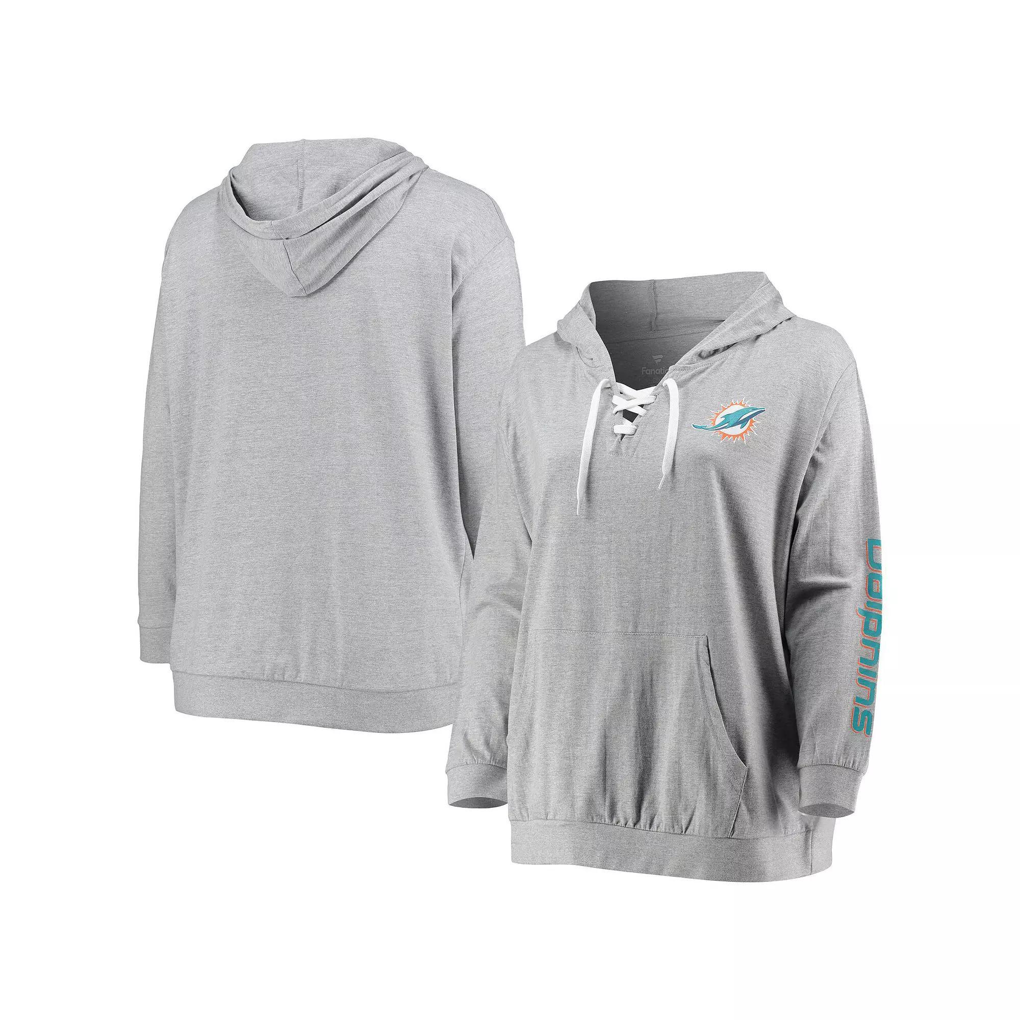 Women's Fanatics Branded Heathered Gray Miami Dolphins Plus Size Lace-Up Pullover Hoodie, Size: 4XL, Grey Product Image