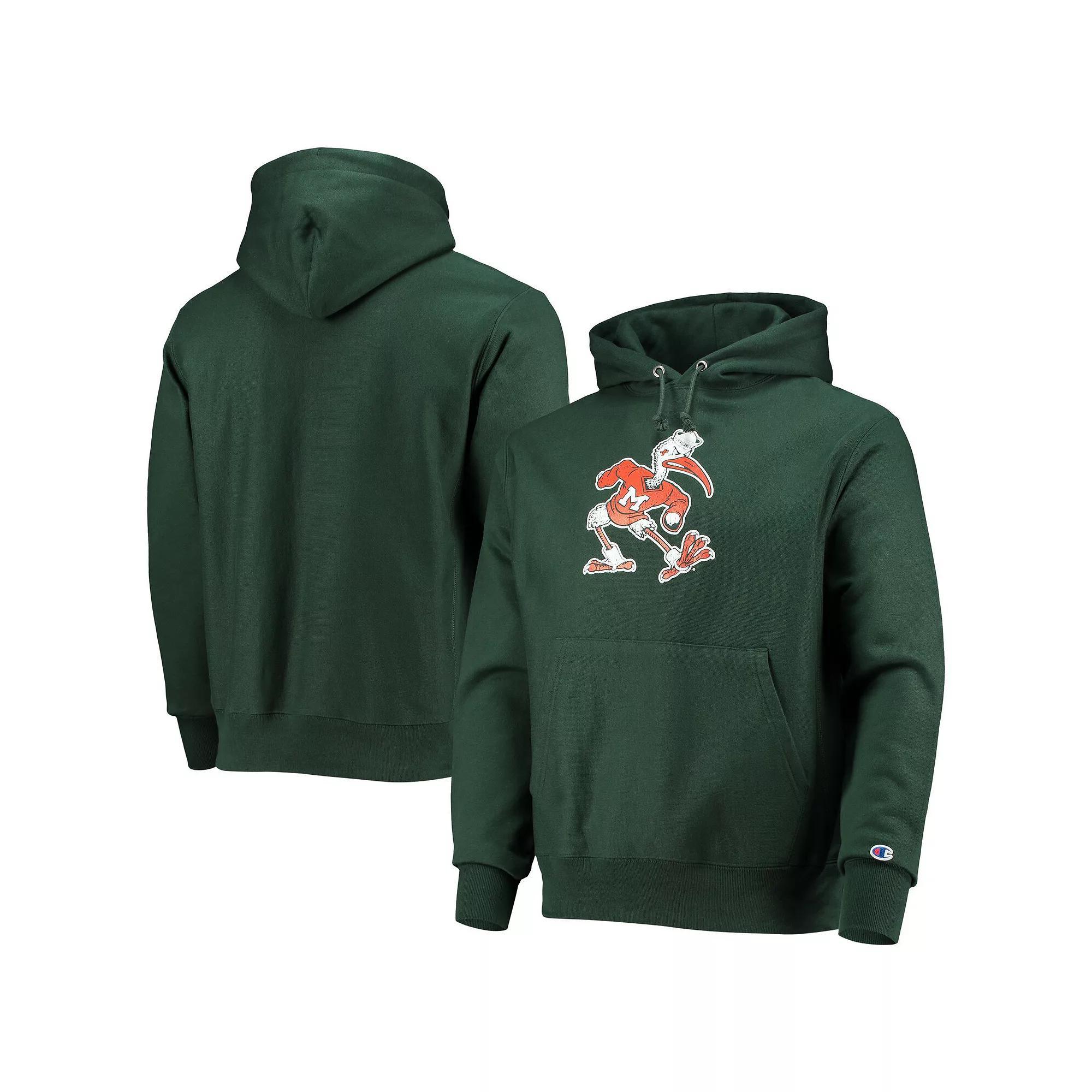 Men's Champion Green Miami Hurricanes Vault Logo Reverse Weave Pullover Hoodie,  Product Image
