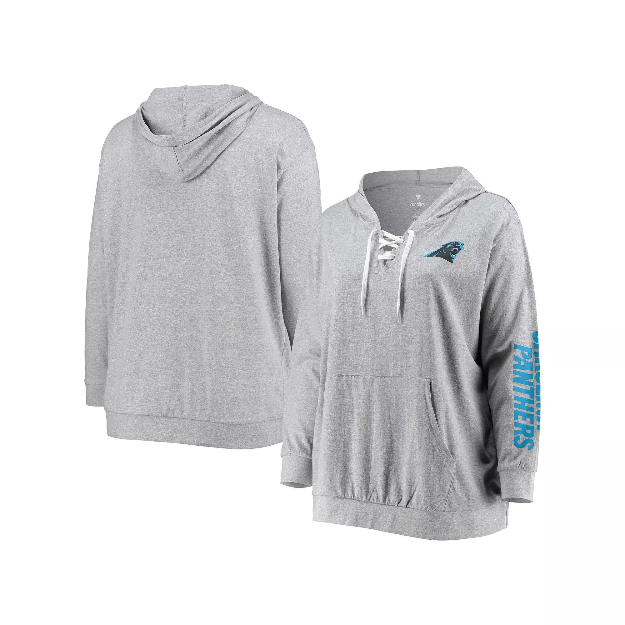 Women's Fanatics Branded Heathered Gray Carolina Panthers Plus Size Lace-Up Pullover Hoodie, Size: 4XL, Grey Product Image