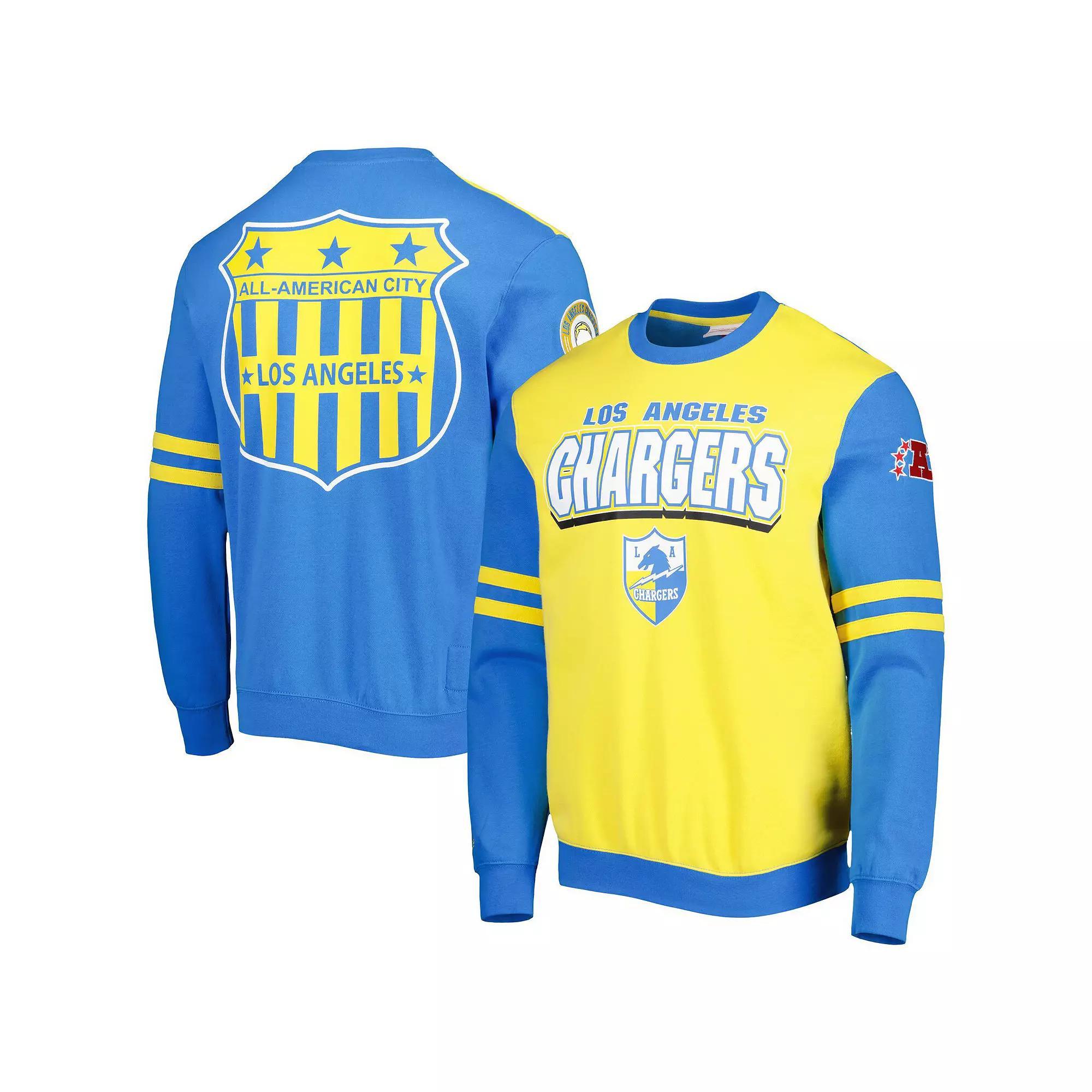 Men's Mitchell & Ness Gold Los Angeles Chargers All Over 2.0 Pullover Sweatshirt, Size: XL Product Image