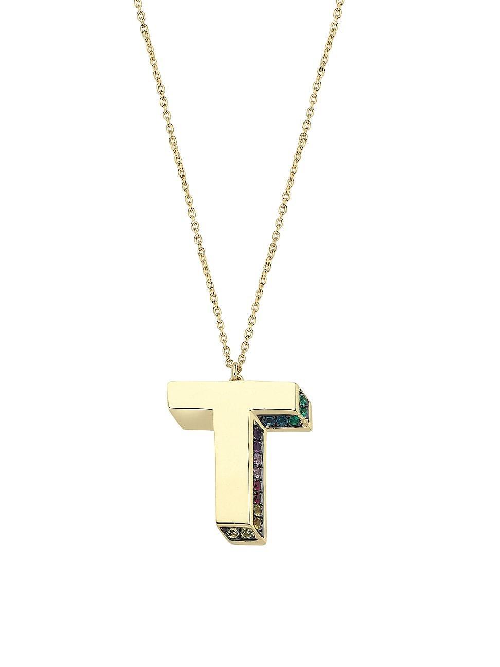 Womens Initials 14K Yellow Gold & Sapphire 3D Pendant Necklace Product Image